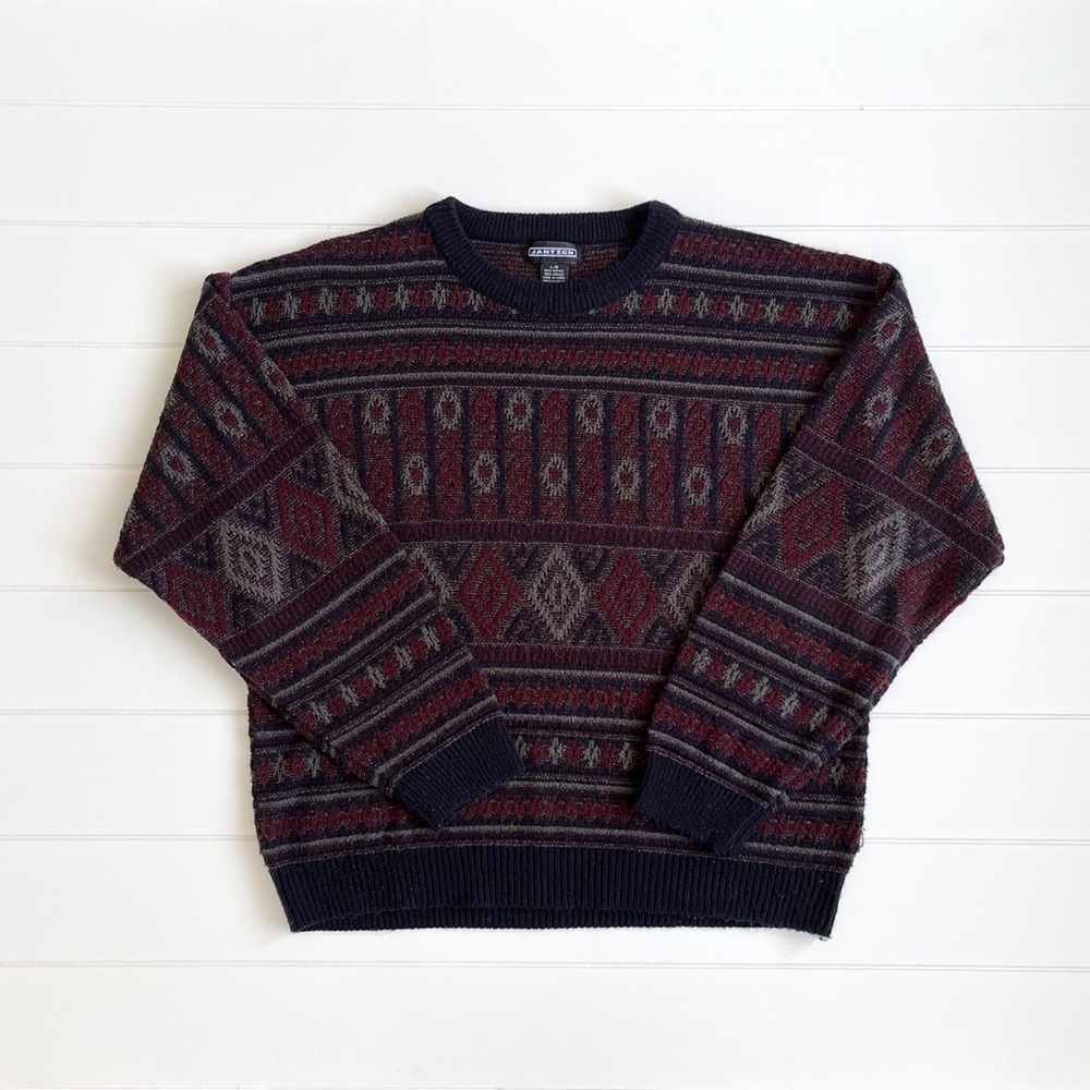 Jantzen Men's Crewneck Sweater - Navy and Burgundy, Grandpa Sweater